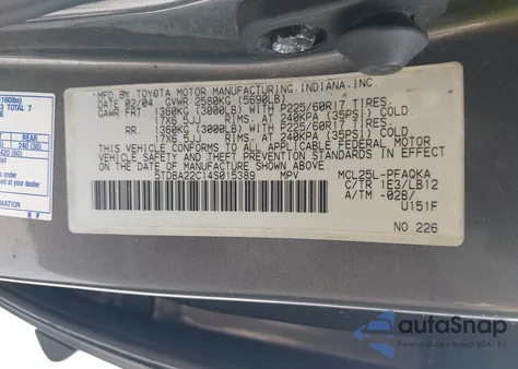 2004 Toyota Sienna Xle Limited из США, поврежденный, VIN 5TDBA22C14S015389